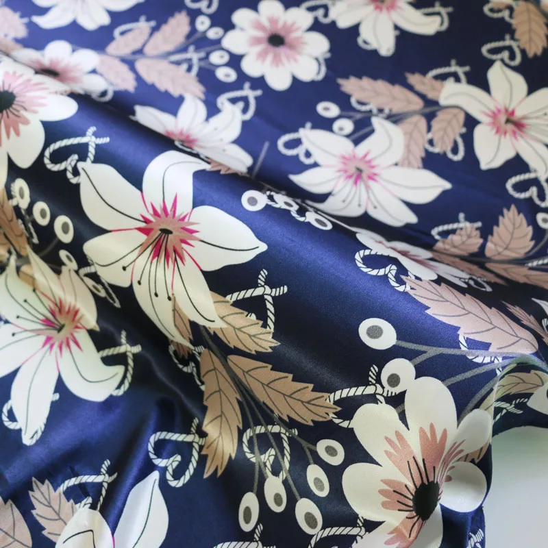 Винтажная атласная ткань с цветочным принтом для шарфа, мягкий глянцевый Шармез Telas Meter - Цвет: color 5 navy