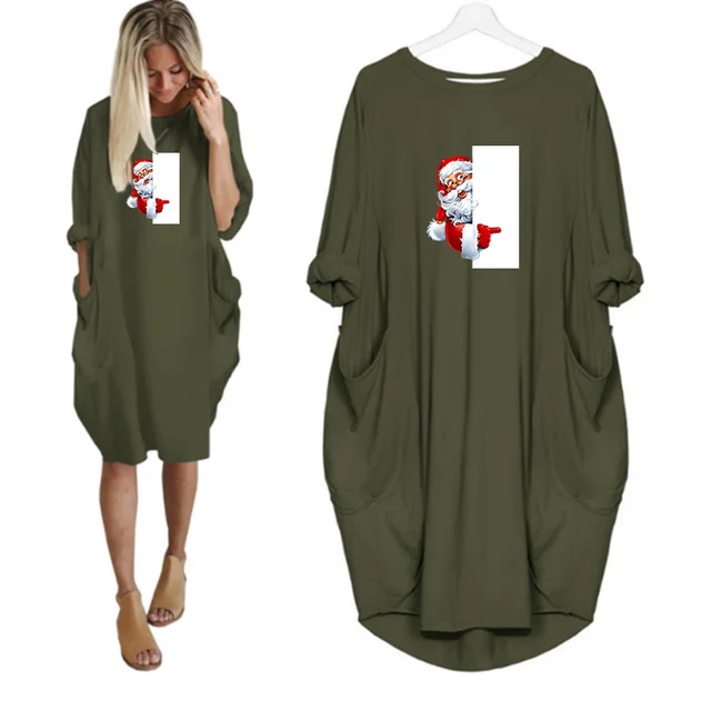 Navidad Women Dress Christmas Pocket Casual Loose Vintage Party Fall Clothes Santa Claus Kawaii Womens  Dresses D002M542 Green