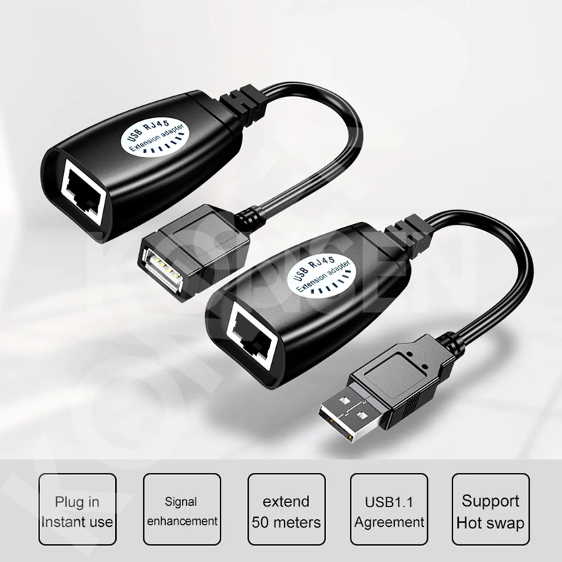 Adaptador extensor USB para ordenador portátil, extensor de extensión RJ45 Ethernet CAT5E 6 hasta 150 pies, Cable USB 2,0, ratón DVR, 50m