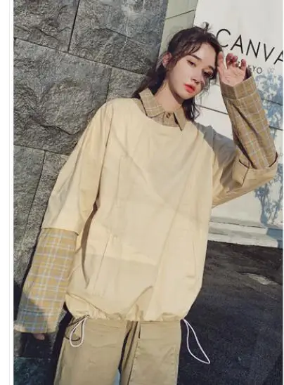 khaki female top Одинаковая одежда для влюбленных; повседневные корейские футболки для пары в консервативном стиле; праздничная одежда для свиданий; лоскутный клетчатый топ из двух предметов - Цвет: khaki female top