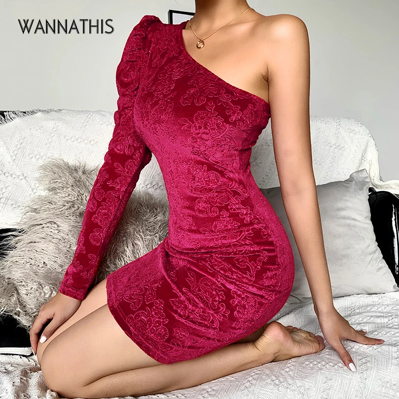 

WannaThis Red One-Shoulder Sexy Skew Neck Bodycon Dresses Puff Sleeve Long Sleeve Slim Women Backless Women Mini Dresses Elastic