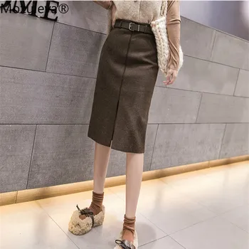 

Mozuleva Vintage High Waist Bodycon Wool Women Skirt Front-split Belted Female Skirts 2019 Autumn Winter Thick Midi Skirt femme