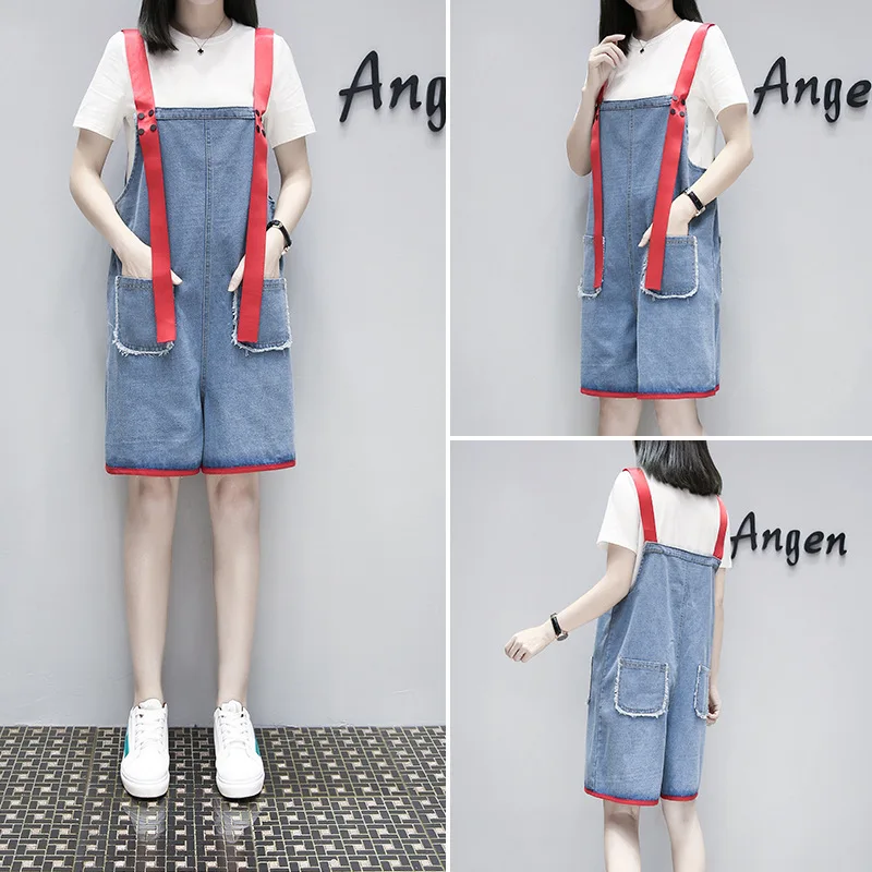 

2019 Summer Wear New Style Large Size Dress Large GIRL'S Contrast Color Joint Cowboy Suspender Pants And Short Sleeve T-shirt Tw