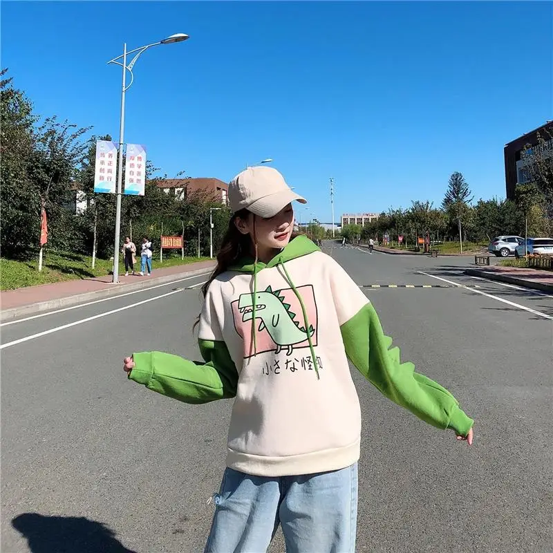Женские плотные бархатные Мультяшные толстовки с динозавром с принтом Hors On Hood, толстовки с капюшоном, флисовый пуловер с длинным рукавом