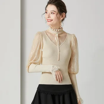 

beige knit silk blouse for women high quality long sleeve 4XL plus size casual sexy office dress shirts luxury dropshipping