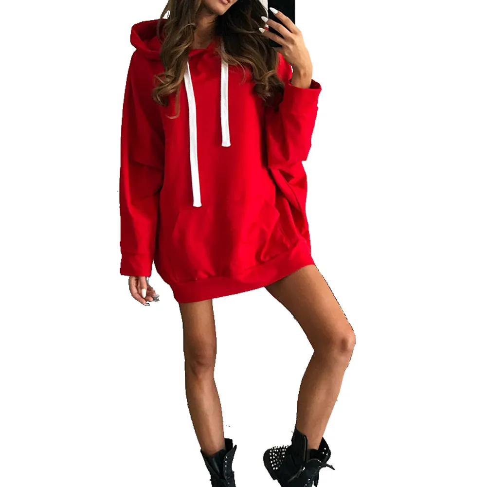 Бежевый Women Long Hooded Sweatshirt Long Sleeve Solid Color Loose Hoodies Coat ENA88 - Цвет: Бежевый
