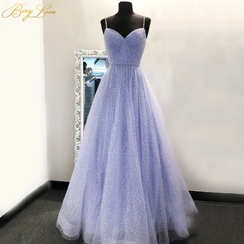 

Lovely Lavender Prom Dresses Glitter Shiny Sweetheart Evening Dress Long Spaghetti Strap Vestidos de cóctel Simple