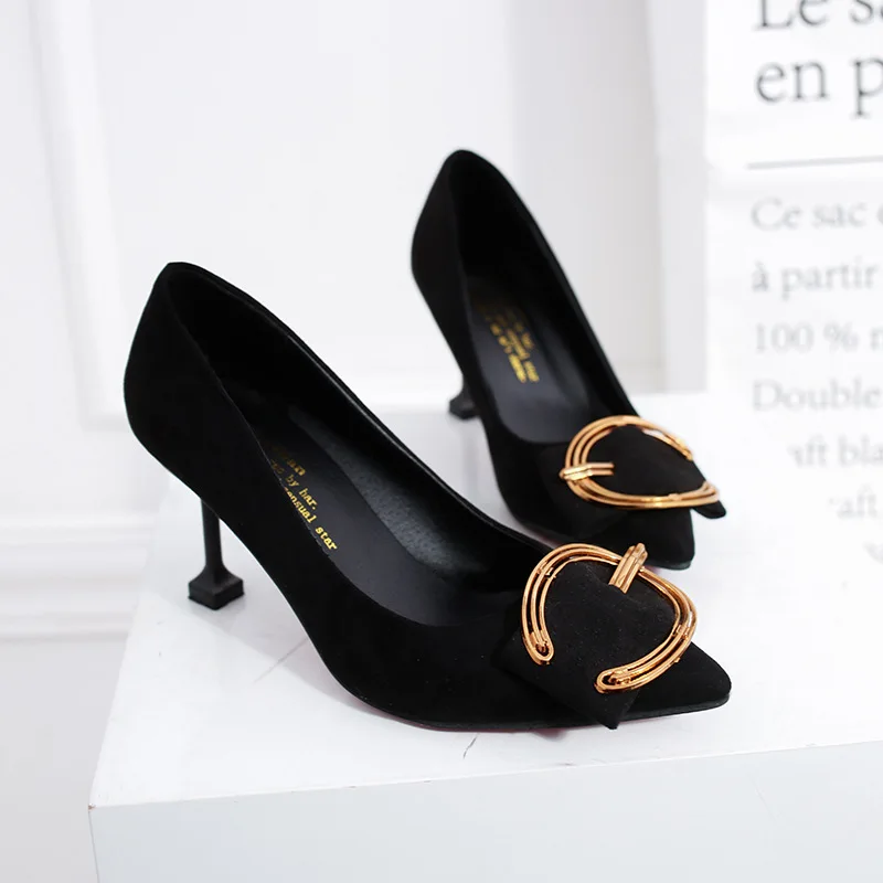 

2018 Autumn New Style Korean-style Metal Buckle Shallow Mouth Pointed High Heel Shoes Thin Heeled WOMEN'S Shoes Side Scoop Booti