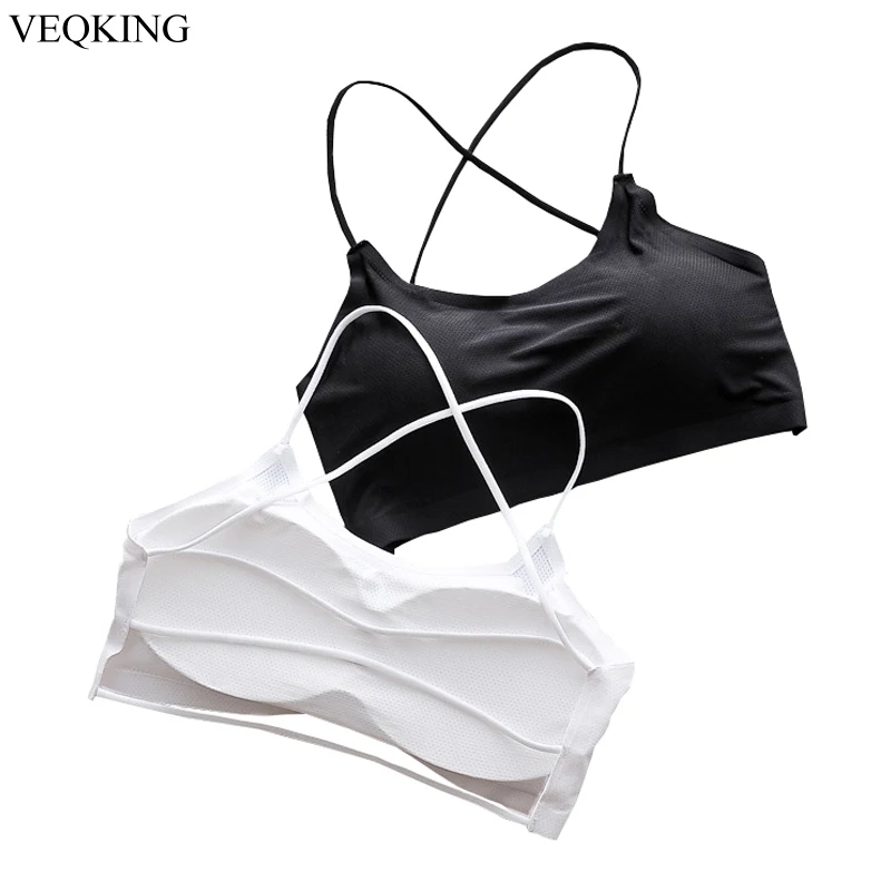

VEQKING Women Ice Silk Breathable Sports Bra Cross Strap Back Fitness Yoga Bra Female Seamless Wirefree Padded Sports Bra Top