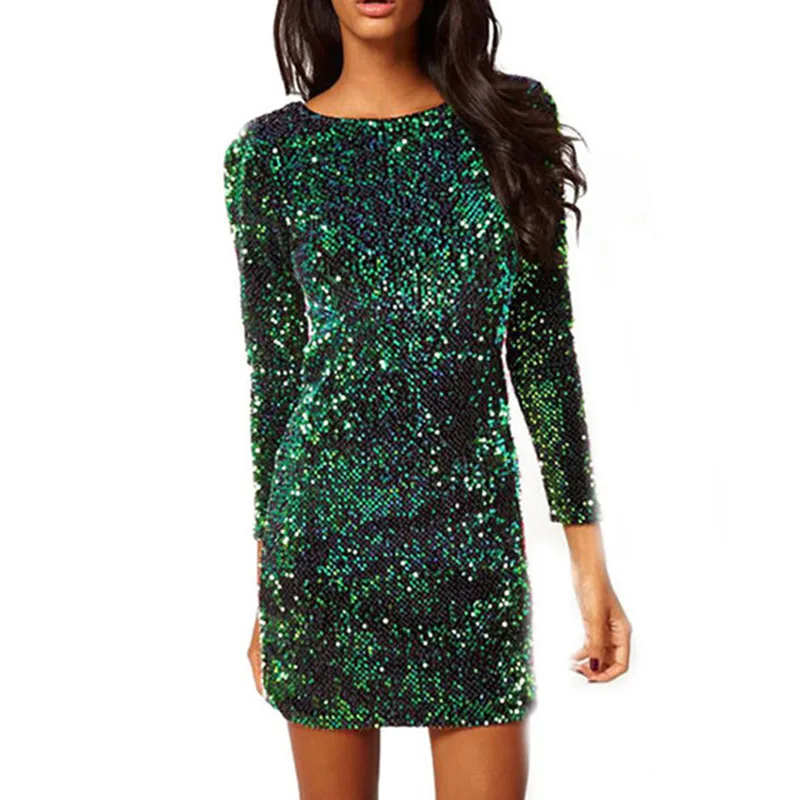 Dunayskiy Women Spring Sexy Slim 8 Colors Sequined O-Neck Dresses Female Backless Three Quarter Sleeve Shiny Mini Party Dresses - Цвет: Green-2