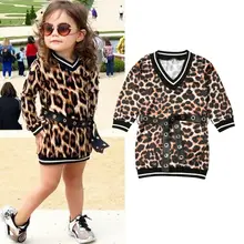 Новинка года; Сезон Зима; комплект из 2 предметов; детское леопардовое платье с длинными рукавами для маленьких девочек+ Повседневная футболка с поясом; От 1 до 6 лет одежды
