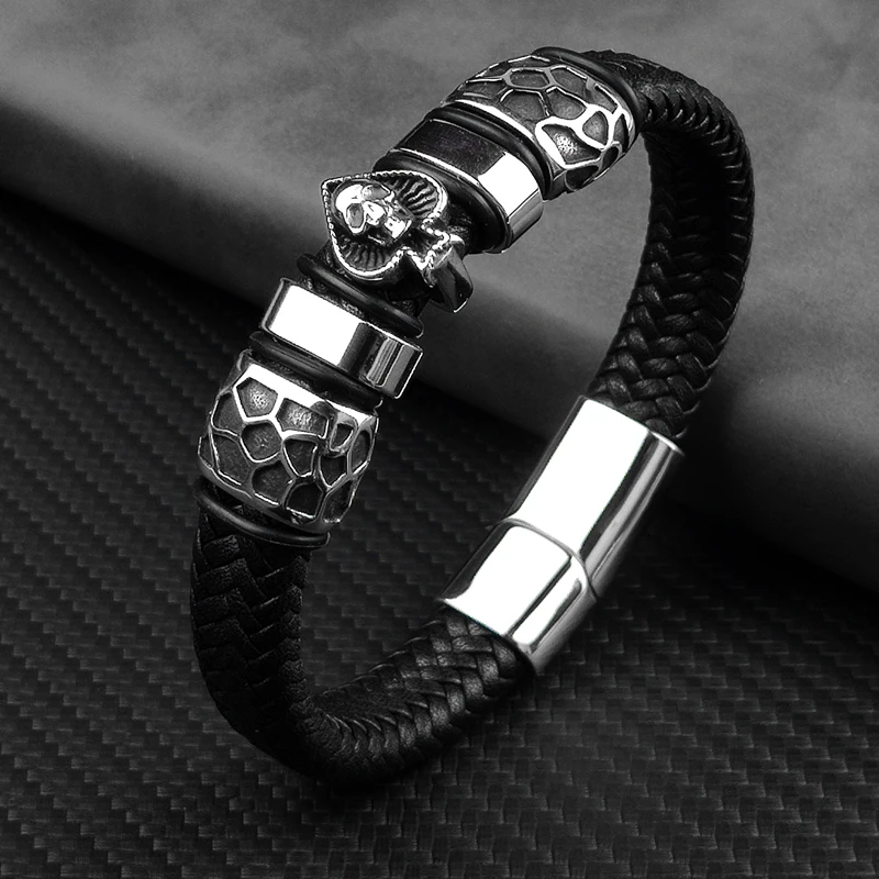 MingAo 12*6mm Braided Leather 316l Stainless Steel Charm Male Bracelets Spades Skull Head Bangle Punk Wristband Men’s Jewelry