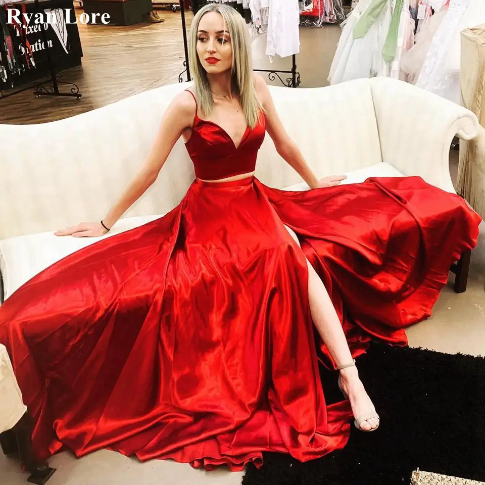 

Red Split Women Evening Dresses 2020 Two Pieces V-Neck Spaghetti Straps Sexy Backless Long Prom Gowns Robe De Soiree Vestidos