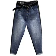 Весна Осень Новые утолщенные джинсы для женщин высокая талия AB поверхность хит цвет тяжелая промышленность Горячая дрель шаровары