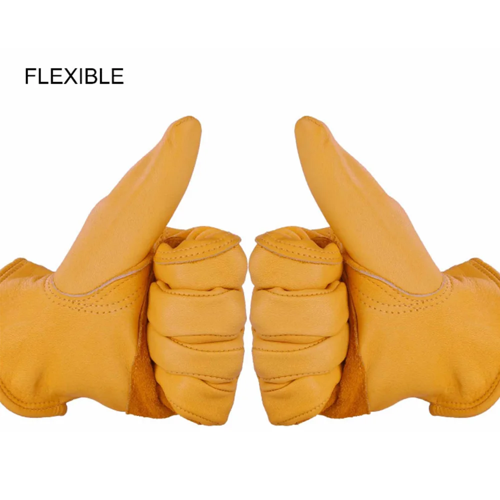 [AETRENDS] Flex Grip Leather Work Gloves Stretchable Wrist Tough Cowhide Working Gloves(Gold, S, M, L, XL) O-0047
