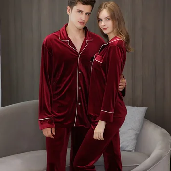 

Couple Pajamas 2020 Autumn Red Gold Velvet Long Sleeve Fashion Women Pajamas Loose Men Pajama Sets Home Clothes Sleepwear