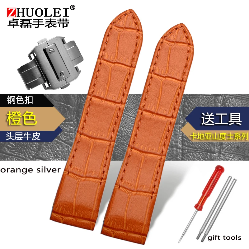 20MM 23MM Crocodile-pattern cowhide strap with butterfly buckle for Cartier Santos men's and women's leather strap - Цвет ремешка: orange silvser