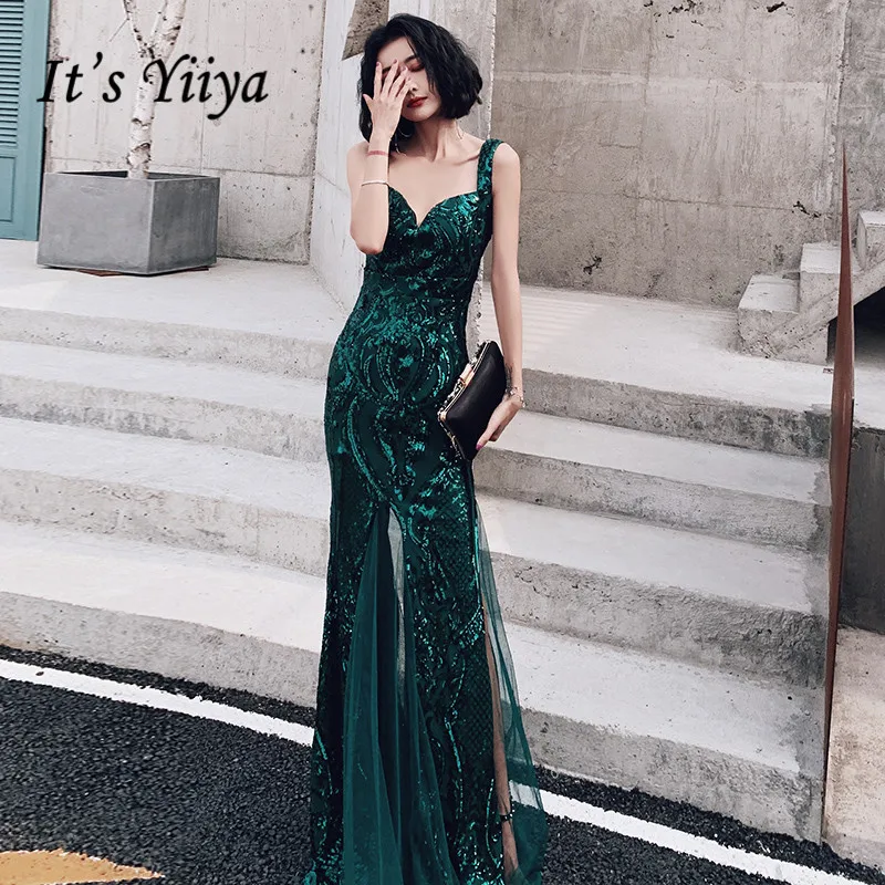Это Yiiya вечернее платье элегантное зеленое вечернее платье с блестками размера плюс без рукавов вечернее платье Русалка халат de soiree LF095
