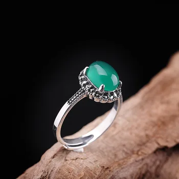 

S925 Sterling Silver Ornament Thai Silver Open Lady Green Chalcedony Ring