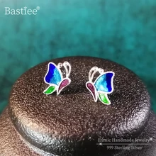 Голубая бабочка 999 пробы серебряные серьги для женщин маленькие серьги-гвоздики китайская перегородчатая эмаль Роскошные ювелирные изделия ручной работы
