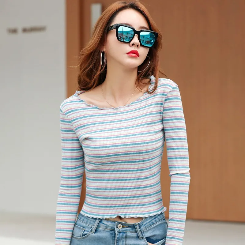 

GIGOGOU S-3XL Cotton Women Thin Sweater Ruffled Collar Colorful Striped Knitted Pullover Tops Sexy Short Style Female Jumper