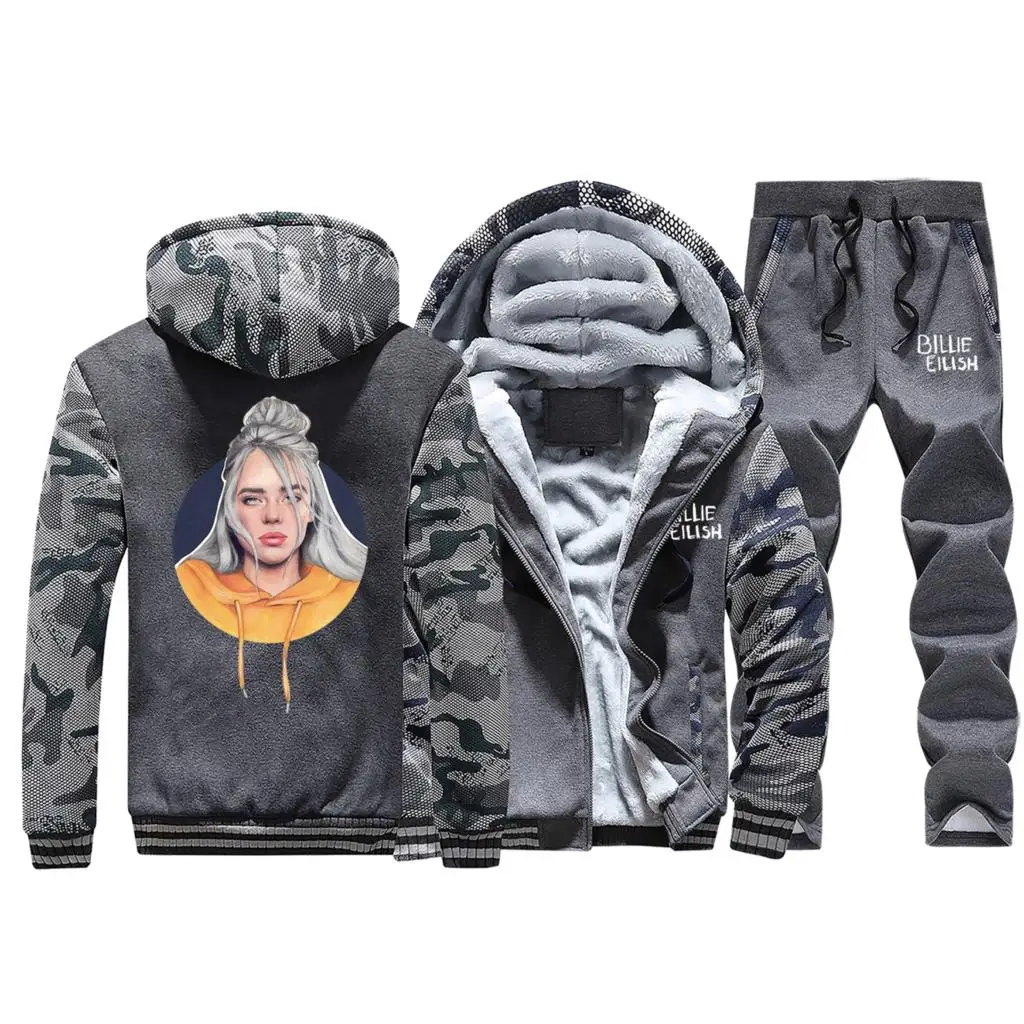 Модные камуфляжные толстовки Billie Eilish, комплекты из 2 предметов, мужские флисовые толстовки, забавные мужские толстовки размера плюс, повседневная спортивная одежда в стиле хип-хоп, уличная одежда - Цвет: Dark Gray