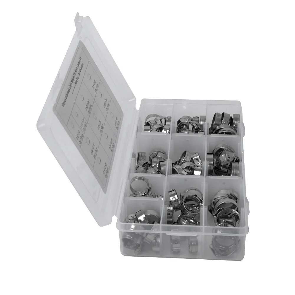 100Pcs Tube Tools With Box Hydraulic Single Ear Home Multifunction Car Accessories Fastener Stainless Steel Auto Hose Clamp Set
