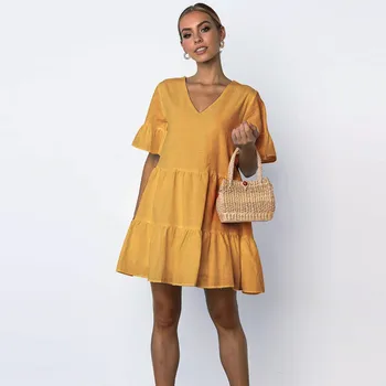 

Women Casual Flare Sleeve V-Neck Mini Dress 2020 Summer Lady Streewear Loose Short Dresses Casual Sundress Vestidos Robe Šaty