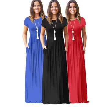 

Summer 2019 New Short Sleeve Women Long Dresses Black Blue Red Loose Maxi Dress Female O-Neck Casual Party Club Robe Dress