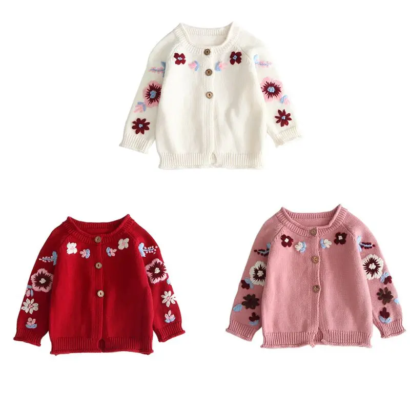 Новые свитера для маленьких девочек; пальто для девочек; Одежда для маленьких девочек; хлопковый однобортный вязаный кардиган с цветочным рисунком; сезон весна-осень