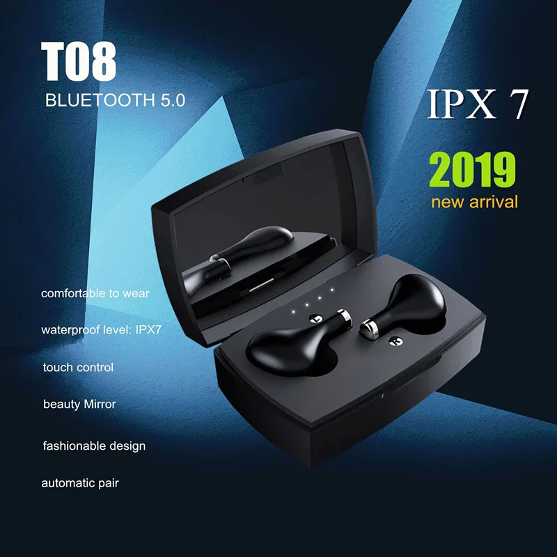 100 шт./T08 TWS Ipx 7 наушники с сенсорным управлением пальцами беспроводные Bluetooth V5.0