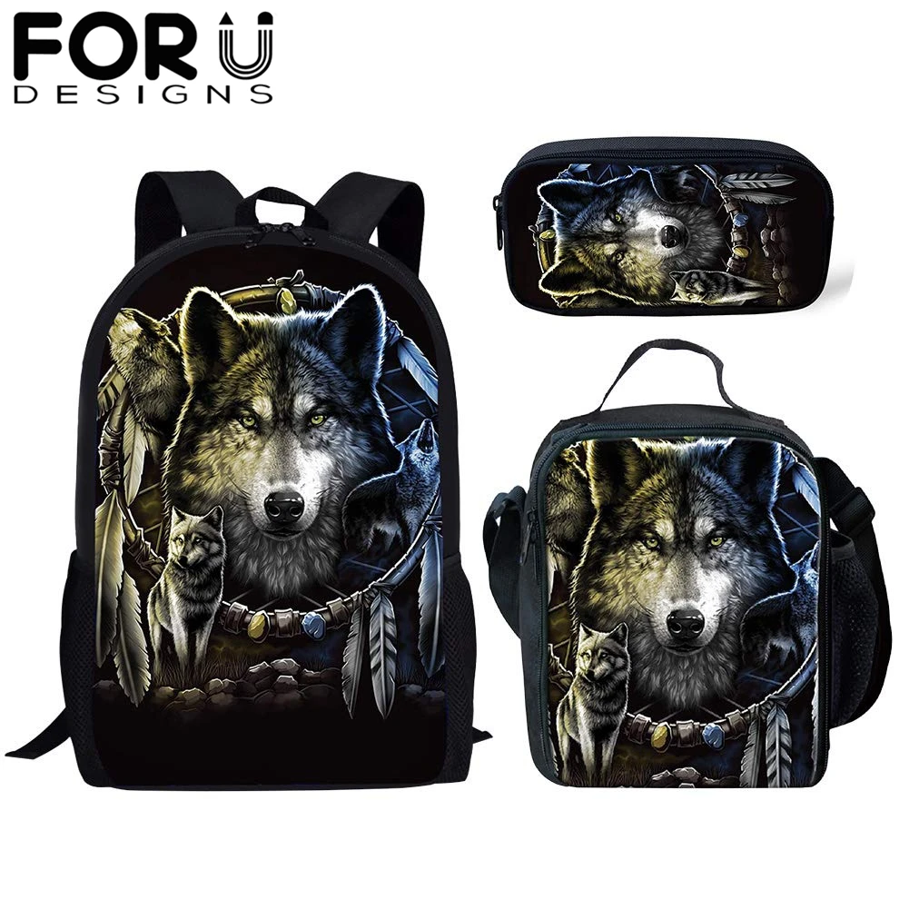 FORUDESIGNS/3 шт./компл. детские школьные сумки для мальчиков волк Тотем 3D принт ортопедический Рюкзак Детские книжные сумки Для мужчин, стильная сумка для путешествий