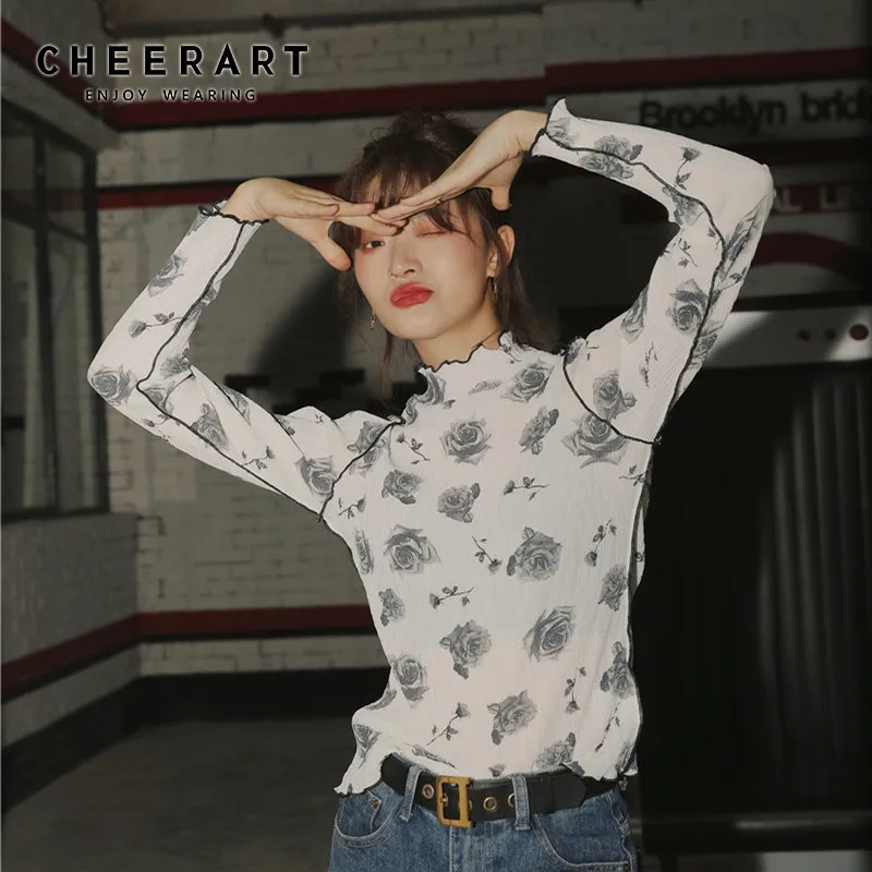 Женская Винтажная Футболка CHEERART белая футболка с длинными рукавами и цветочным