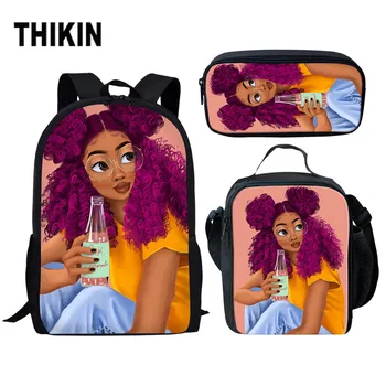 

THIKIN Black Art Afro Girls Backpack for Teenage Boys Girls Student School Bags 3pcs/set Children Shoulder Bags Custom Mochila