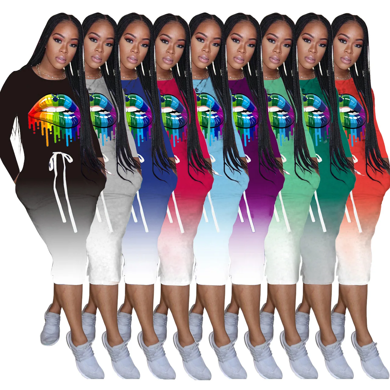 

New Arrival Autumn Women Dress Hot Selling Solid-color Gradient Cartoon Lip Print O-neck Long-sleeves Loose Style Dress