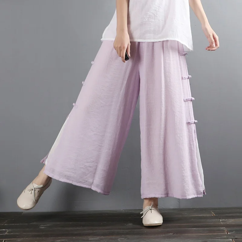 Chinese Wide Leg Pants Summer Linen Loose Trousers-Women Vintage Lady Ethnic Yoga Bottoms Leisure Side Button Pants 10439