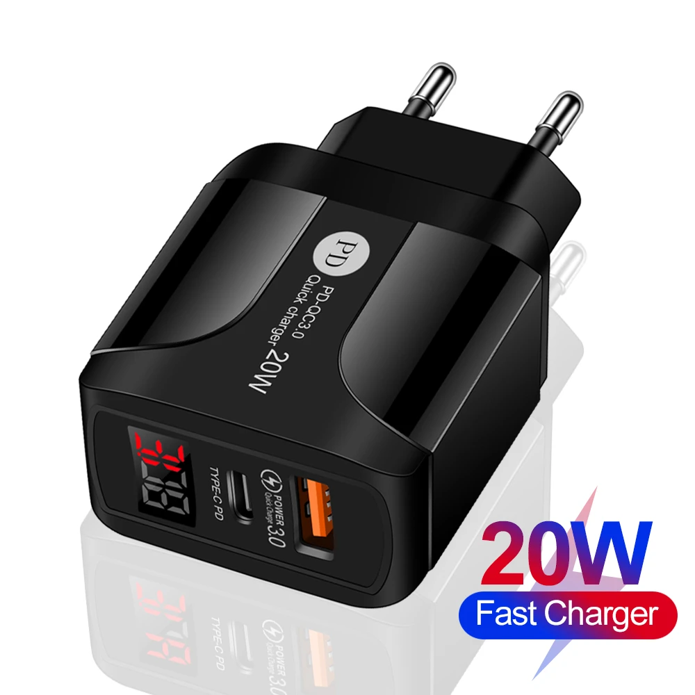 wallcharger 20W USB-C Quick Charger QC 3.0 Dual Ports with LED display For iPhone 12 Huawei Xiaomi Samsung Fast Phone Charge Wall Adapter 65 watt charger mobile