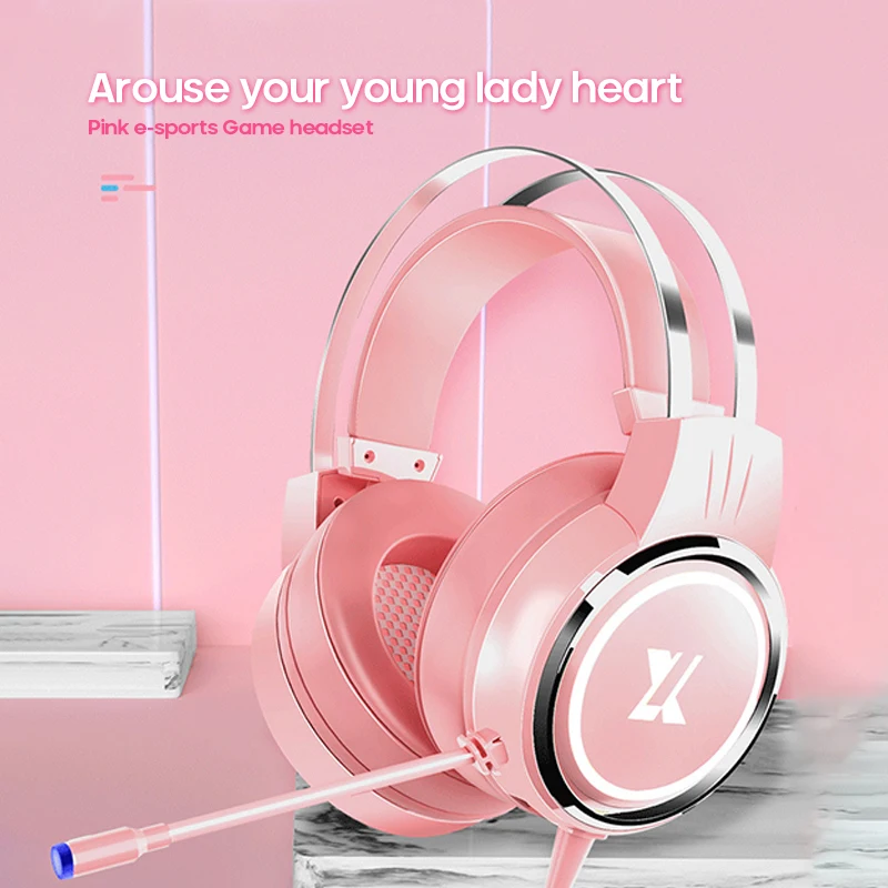 Headset Wired With Microphone X8 7 1 Pink Headphones Surround Sound Gaming Professional Gamer RGB Light For PS4 Phone PC