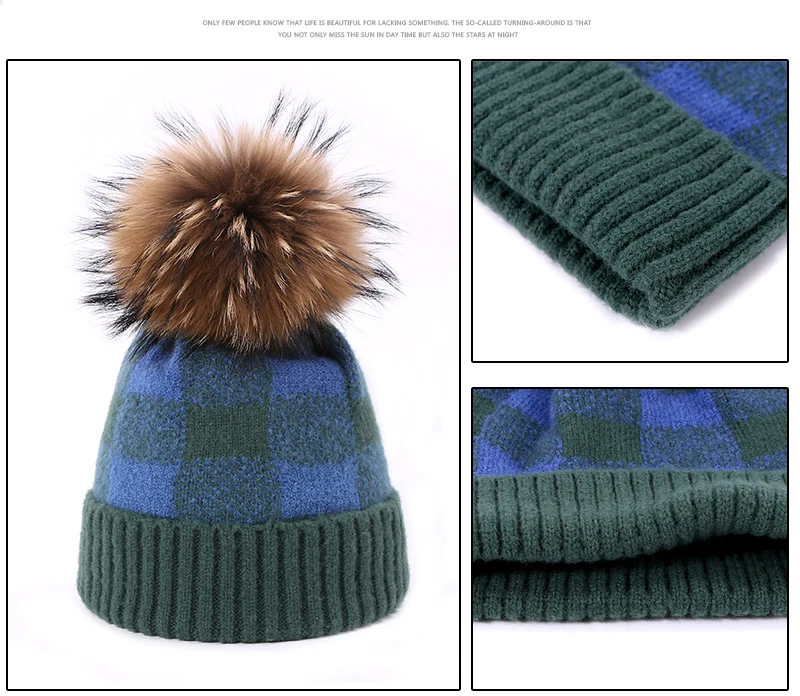 Зимняя шапка с помпоном Skullies Beanie, Классическая клетчатая шапка для мужчин и женщин, теплая вязаная Толстая шапка с меховым помпоном