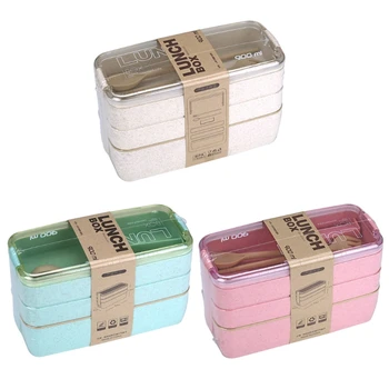 

900ml 3 Layers Bento Box Eco-Friendly Multifunctional Lunch Box Food Container Wheat Straw Material Microwavable Dinnerware