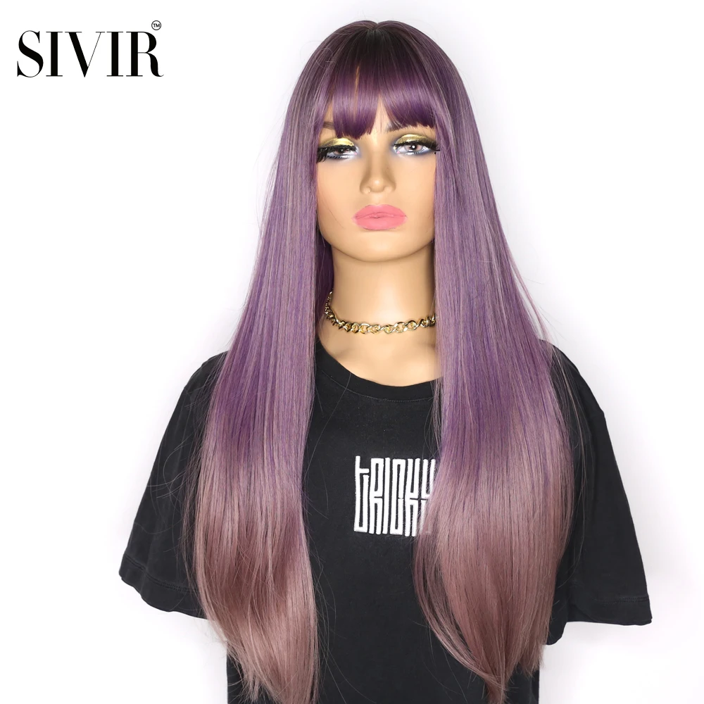 

Sivir Long Mix Purple Womens Wigs With Bangs Heat Resistant Synthetic Straight wig Pink Wigs for Women African American