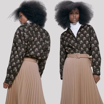 

ZA Lapel Animal Print Blouse Women's Chiffon Long Sleeve Single-Breasted Placket Fashion Unisex Nightclub Party Shirt