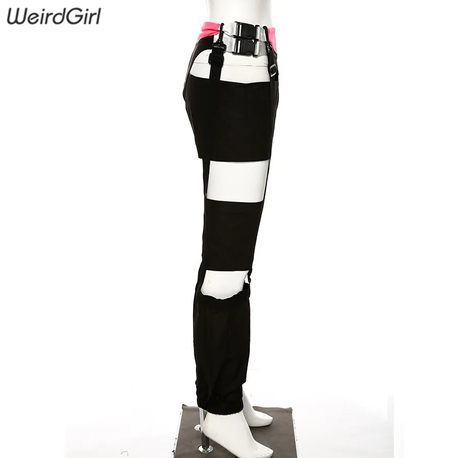 Weirdgirl, женские модные штаны, с вырезами, из кусков, на пуговицах, для фитнеса, с высокой талией, на завязках, обтягивающие, для женщин, полные брюки, осень