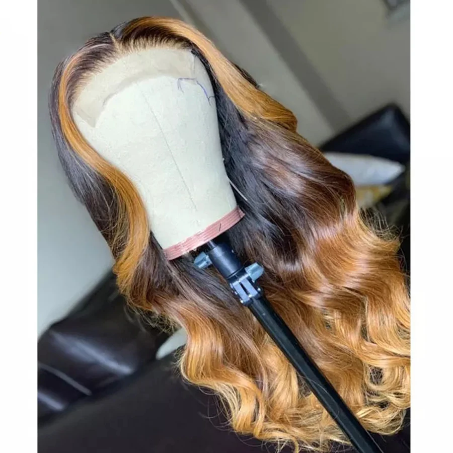Fabwigs T4/27 эффектом деграде(переход от темного к Синтетические волосы на кружеве человеческих волос парики с детскими волосами предварительно вырезанные Мёд блондинка Синтетические волосы на кружеве парик 13x4 Реми волнистые синтетические волосы парики