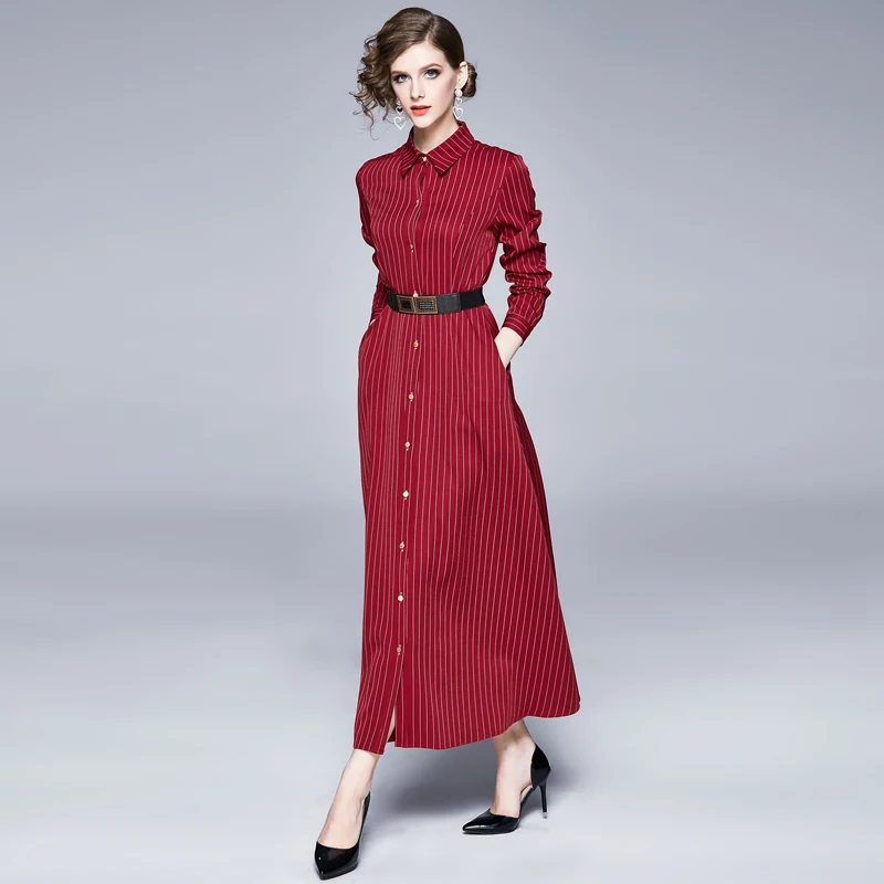 

Runway Single-Breasted Maxi Dress Women Vintage Red Striped Office Split Long Sleeve Elegant Spring Fall Long Dresses With Belt