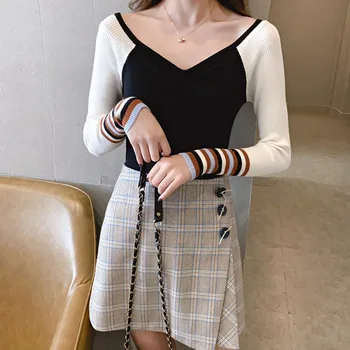 

Women Autumn Fashion Contrast Color Sweater Female Knitted Pullover V Neck Long Sleeve Slim Sweaters 2020