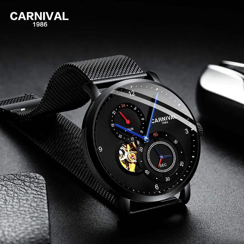 CARNIVAL Top Brand Men Fashion Mechanical Watch Waterproof Stainless Steel Black Mesh Hollow Automatic Watch Relogio Masculino