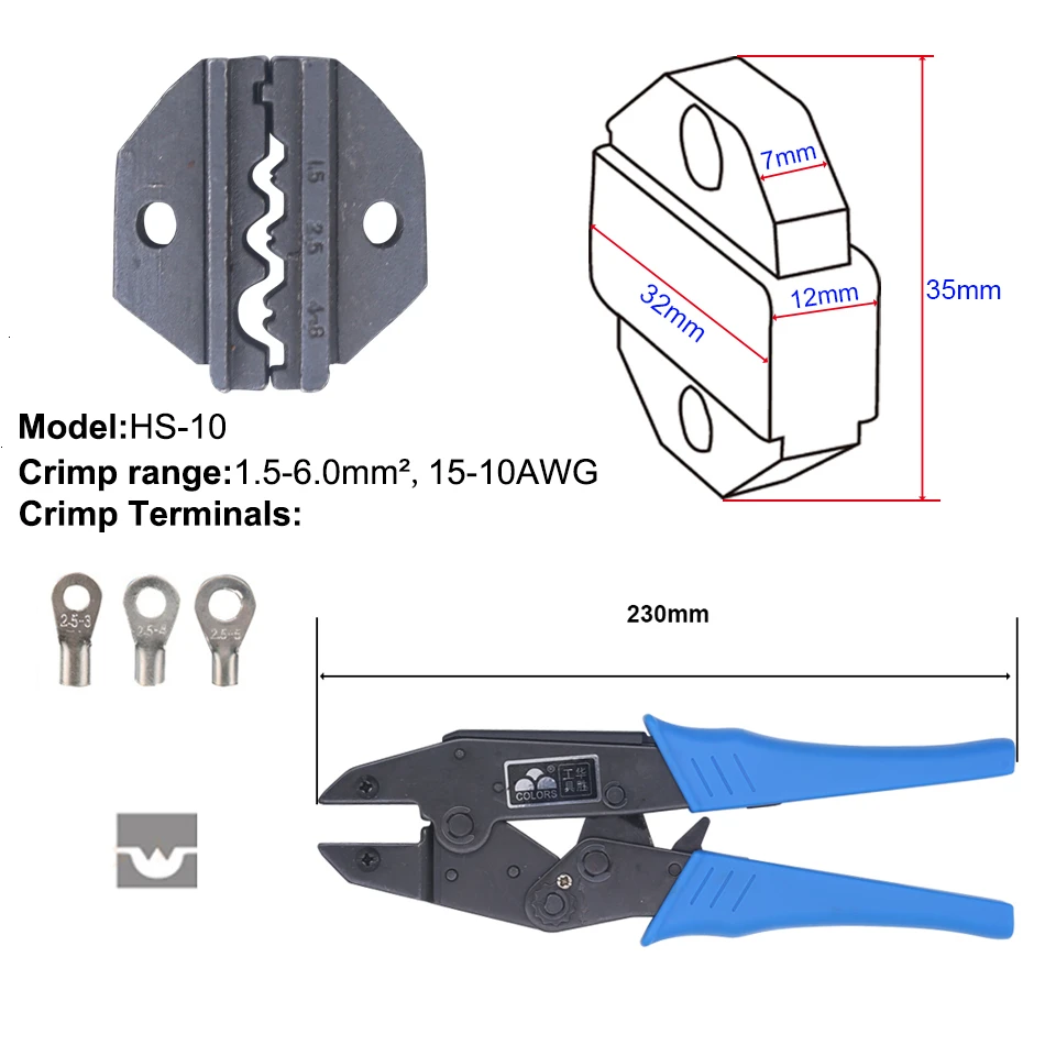 Инструмент для обжима, инструмент для обжима проволоки и сменные штампы для термоусадочных разъемов, не изолированный наконечник, клеммы - Цвет: HS-10