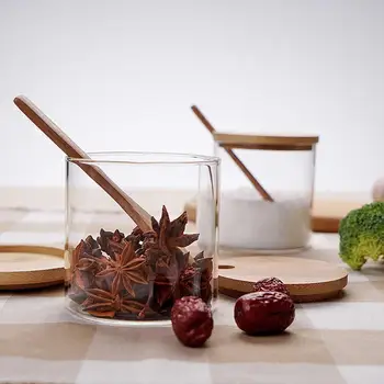 

Condiment Pots Seasoning Box Set glass Salt Sugar Spice Pepper Condiment Container, Glass Condiment Jar with Wooden Spoon Lid