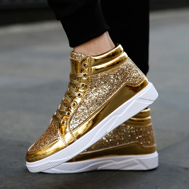 LuckyPigs Men High Top Men Sneakers Up Platform Flats Gold Shoes Man Shoes 